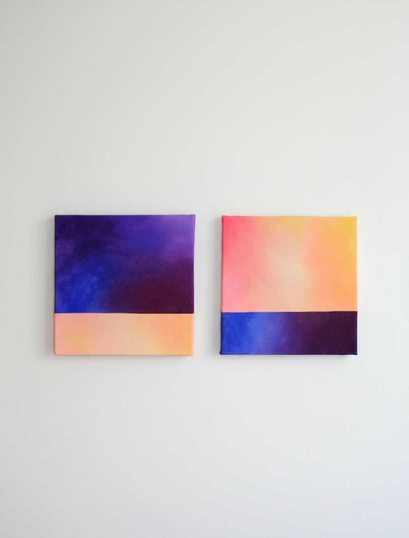 Two abstract art pieces with gradient colors on a gray background
